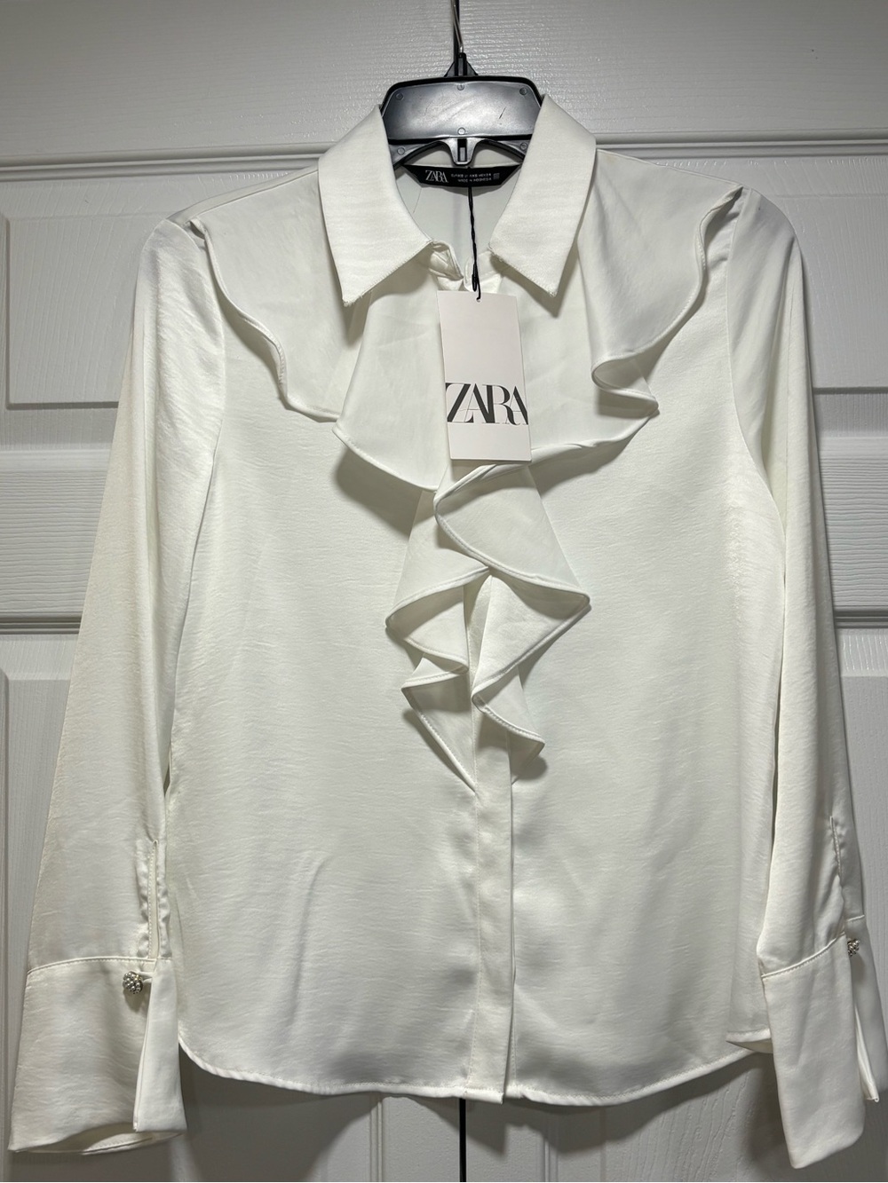 Zara White Satin Ruffle Blouse XS Pearl Button Cuffs Career Top